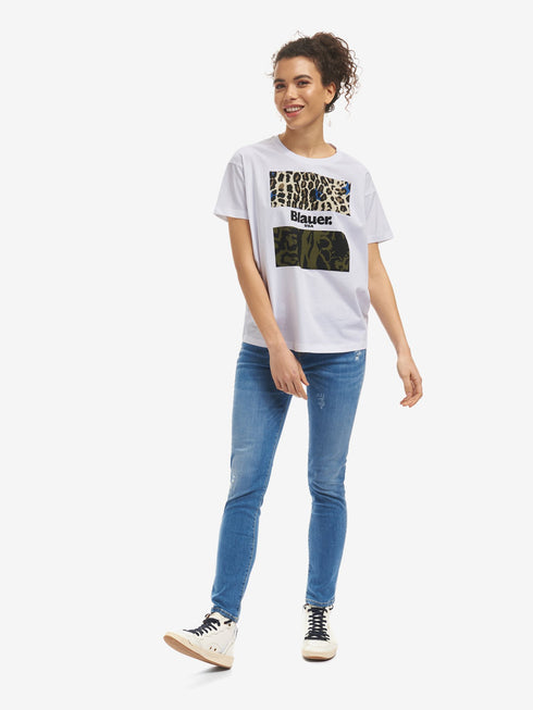 T-shirt Donna 21SBLDH02137004547 camouflage animalier Bianco BLAUER- Francavilla Moda